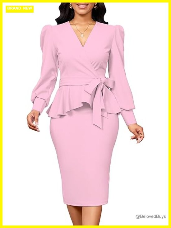 Dresses & Skirts - Long Sleeve Ruffled Pencil Dress with Belt Zipper Split
